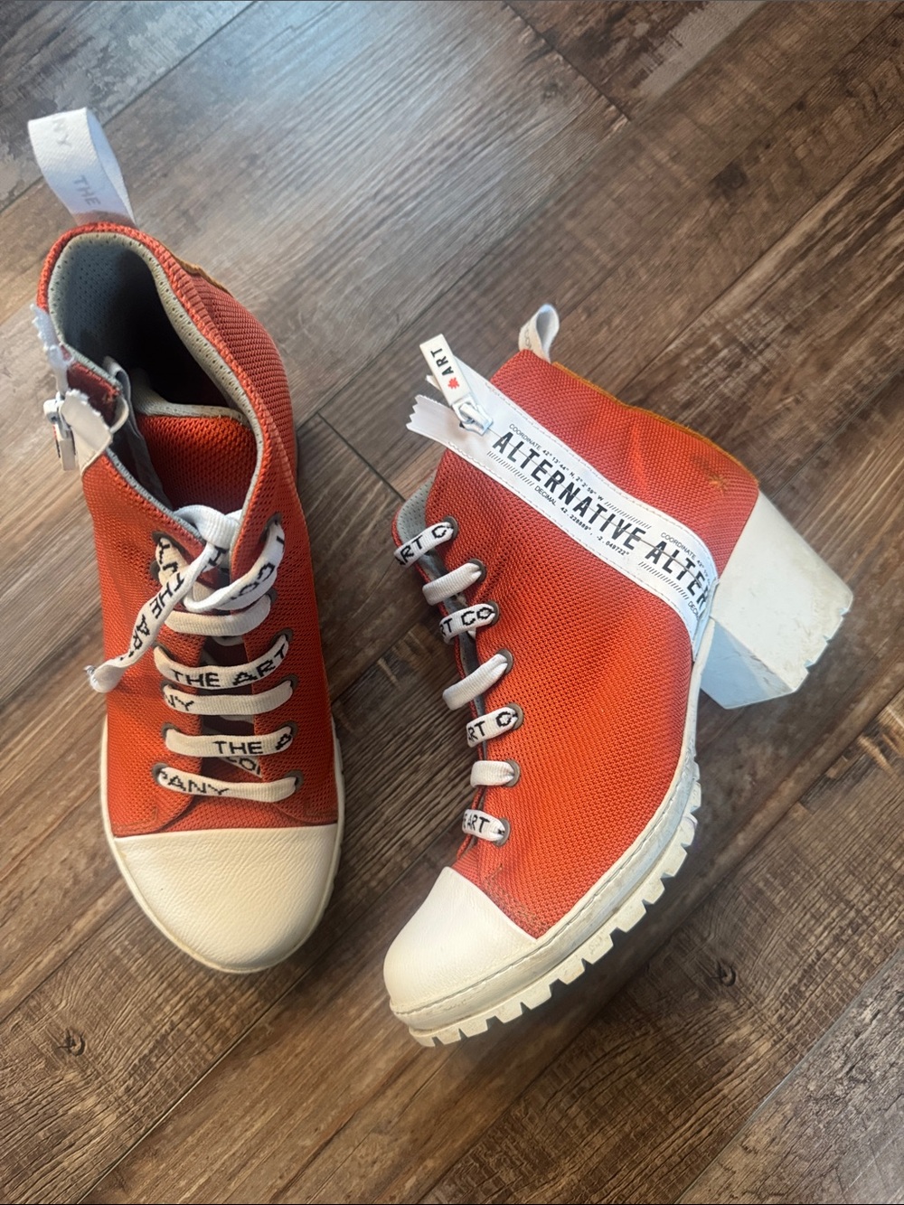 ART Alternative Orange Canvas Lace-Up Heeled Ankle Boots with White Toe Cap
